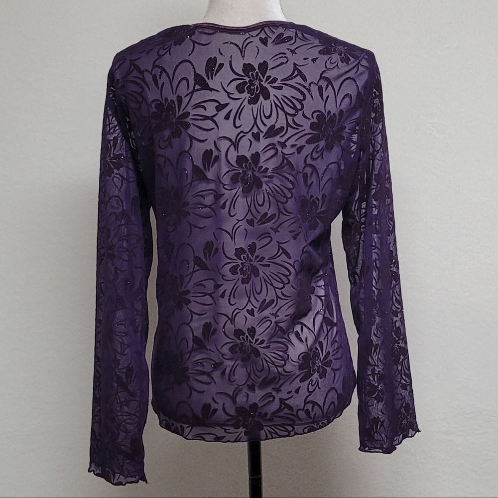 Goth Vintage 90s Sheer Purple Silver Metallic Floral Velvet Tie Front Cardigan L - Picture 8 of 11